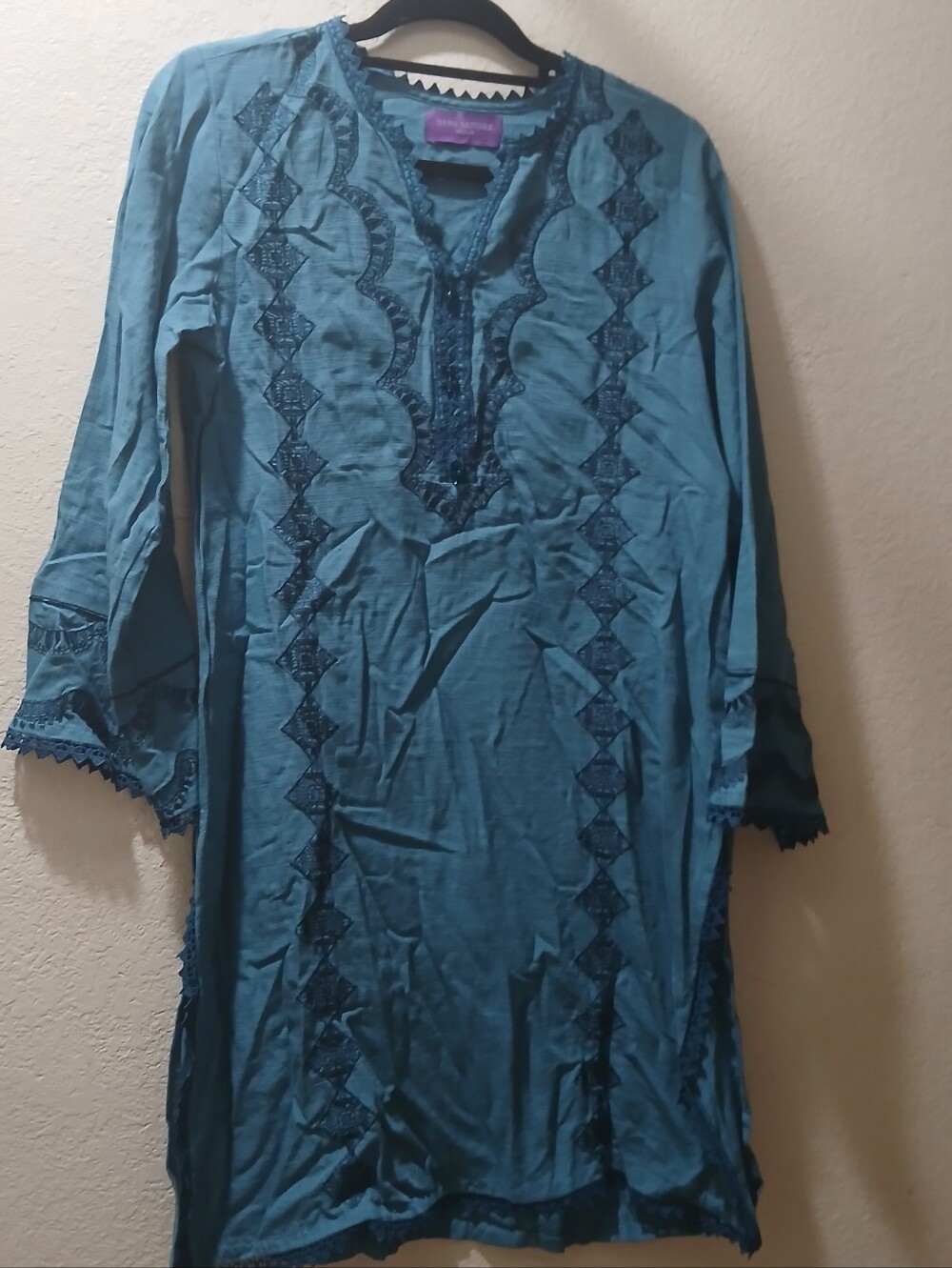 Sana Safinaz M  cottonWomen's Teal Embroidered Tunic Dress - Elegant Long Sleeve